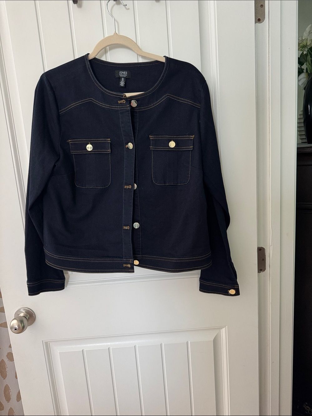 Jones New York Dark Navy Round-Neck Button Jean Jacket with Gold Accents